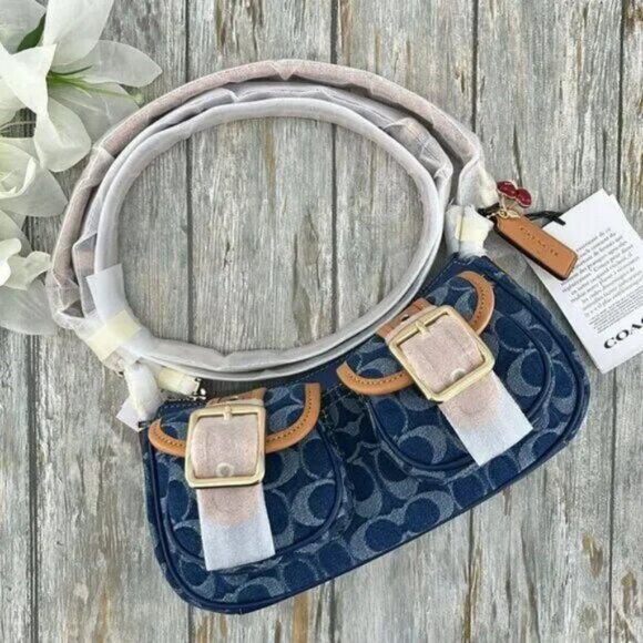 COACH Ashton Baguette Bag In Signature Canvas Denim/Brown CY700 - Picture 1 of 9